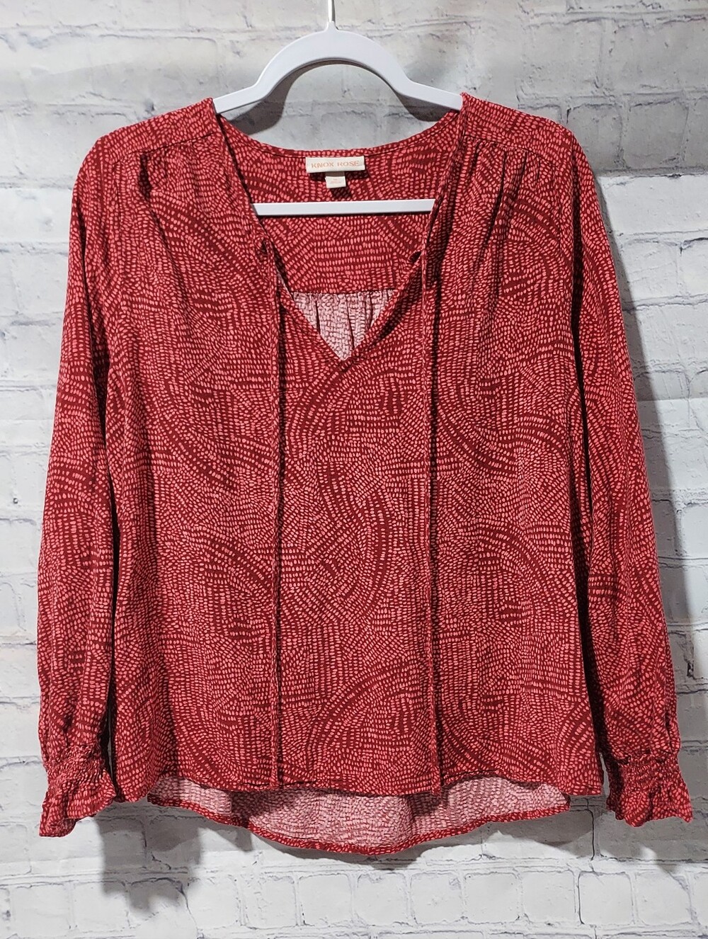 Knox Rose Womens M Red Printed Boho Peasant Blouse Tie Neck Long Sleeve